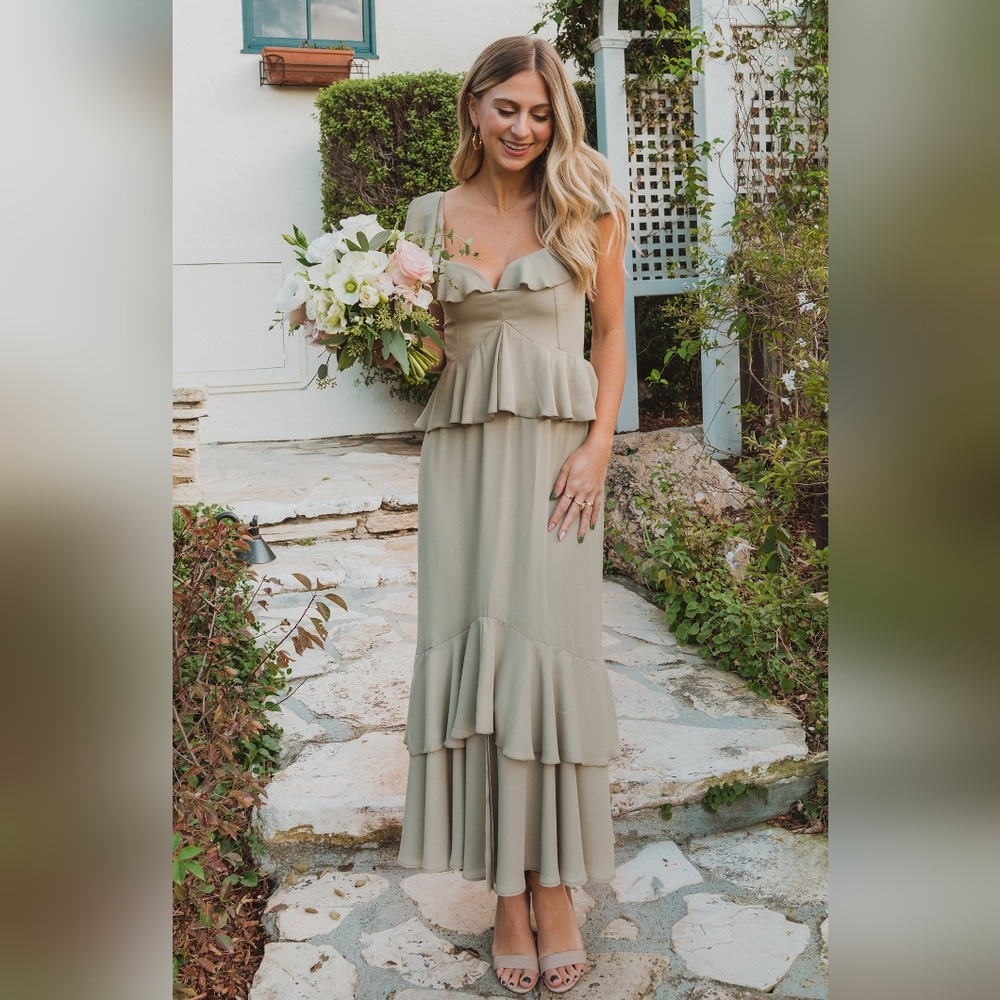 Show Me Your MUMU Rees ruffle dress in moss green.